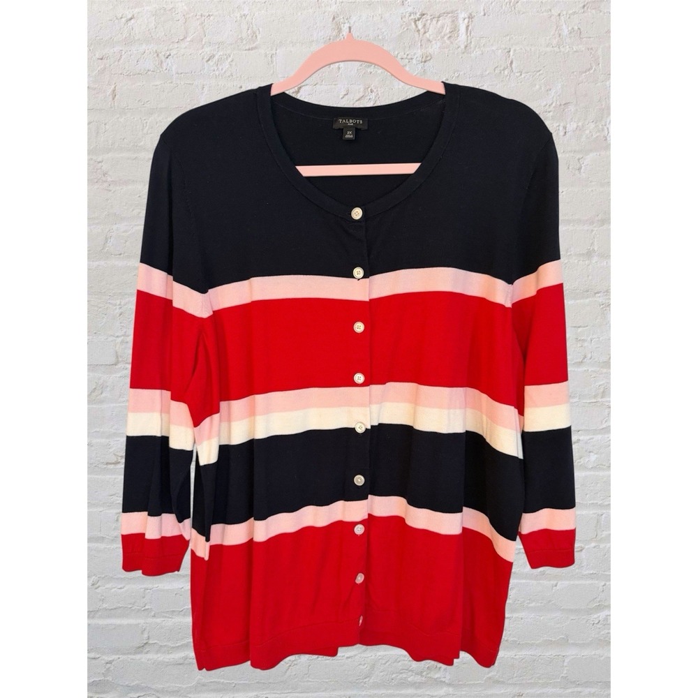 Talbots Plus Sz 2X Striped Cardigan Red White Blue 3/4 Sleeves Preppy Button Up
